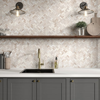 Taupe Gray - 11x10 Minute Mosaix Herringbone Mosaic Marble-Look Polished Smooth Marble Tile