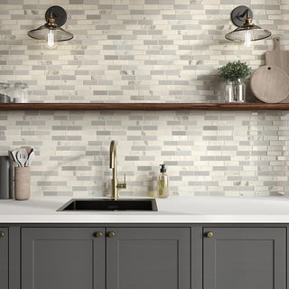 Taupe Gray - 12x12 x 4 Simplystick Mosaix Linear Subway Pattern Mosaic Mixed-Material Look Polished Smooth Glass & Stone Tile