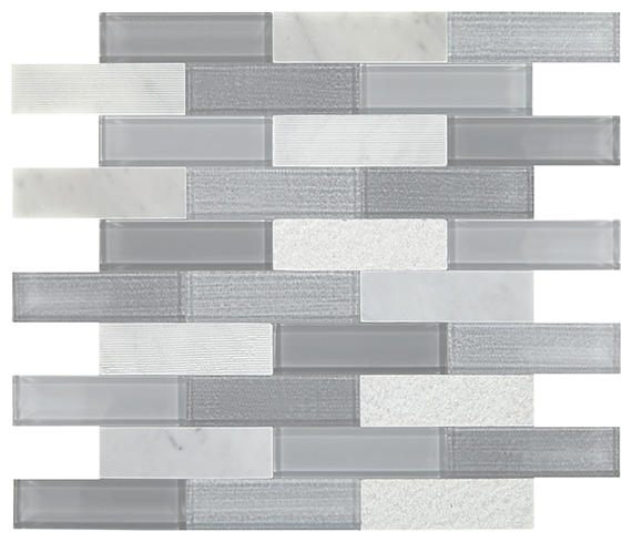 11/4x4 Simplystick Mosaix Linear Random Pattern Mosaic Mixed-Material Look Polished Smooth Glass & Stone Tile Frost Gray