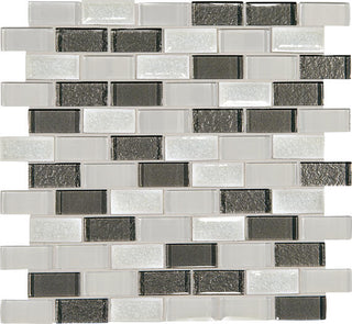 Charcoal White - 12x13 Crystal Shores Subway Pattern Mosaic Mixed-Color Glossy Smooth Glass Tile