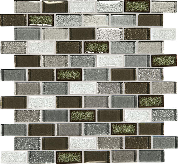 2x1 Crystal Shores Subway Pattern Mosaic Mixed-Color Glossy Smooth Glass Tile Olive Gray