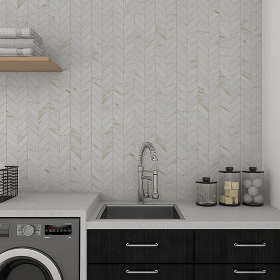 2x5 Marble Attache Lavish Chevron Mosaic Marble-Look Polished Smooth Porcelain Tile Cream White