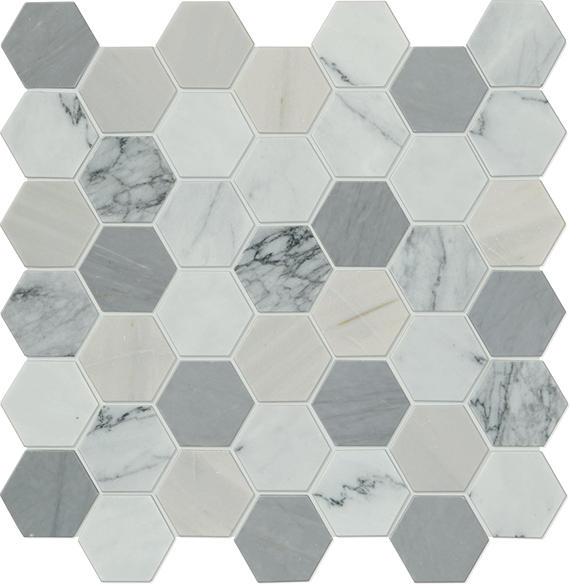 2 Raine Hexagon Mosaic Mixed-Color Honed Smooth Marble Tile Storm Gray