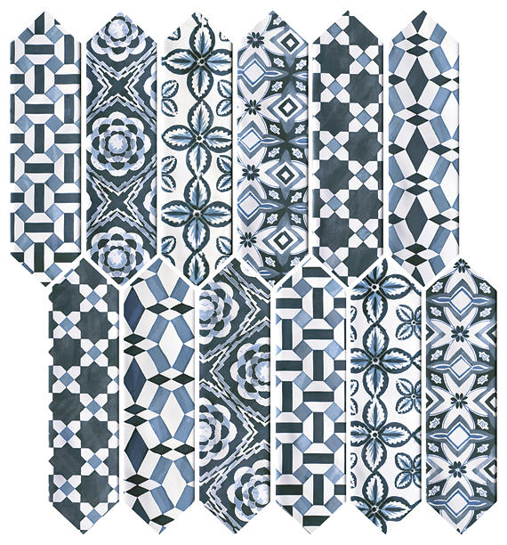 3x12 Stagecraft Picket Encaustic Mosaic Mixed-Material Look Glossy Smooth Ceramic Tile Blue White
