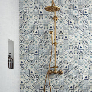 Blue White - 12x12 Sublimity Patchwork Encaustic Mosaic Mixed-Color Honed Smooth Stone Tile