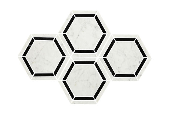 6 Marble Hexagon Framed Border Mosaic Marble-Look Polished Smooth Marble Tile Black White