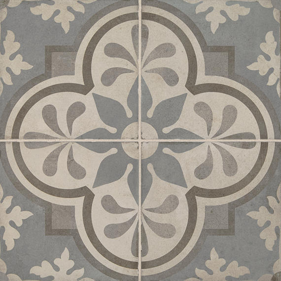 8x8 Quartetto Quatrefoil Petal Floral Patterned Concrete-Look Matte Natural Porcelain Tile Dusty Blue