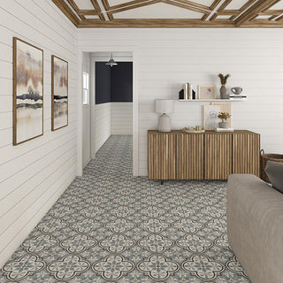 Dusty Blue - 8x8 Quartetto Quatrefoil Petal Floral Patterned Concrete-Look Matte Natural Porcelain Tile