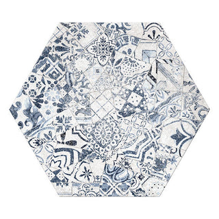 Blue White - 8x8 Scripter Hexagon Patchwork Natural Stone-Look Matte Smooth Porcelain Tile