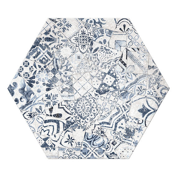 8 Scripter Hexagon Patchwork Natural Stone-Look Matte Smooth Porcelain Tile Blue White