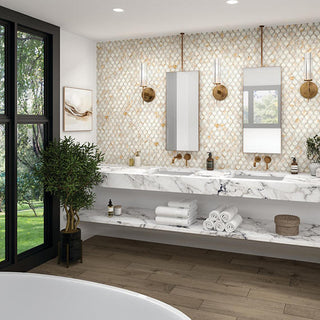 Cream Gold - 12x12 Gamma Diamond Rhombille Cube Mosaic Marble-Look Polished Smooth Stone Tile