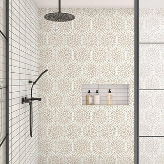 Pebble White - 12x10 Pebble Oasis Hexagon Framed Mosaic Pebble-Look Tumbled Natural Pebble Tile