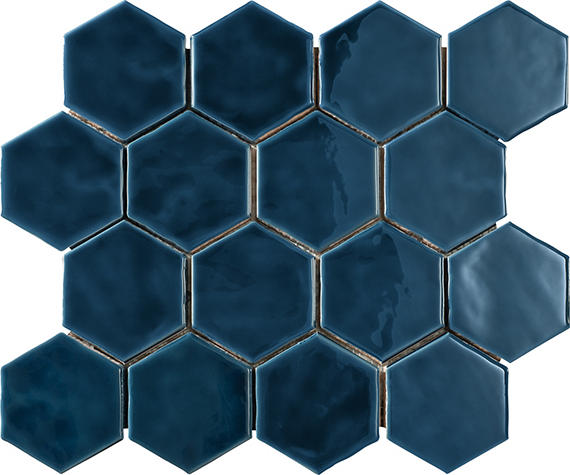 3x3 Artistic Reflections Hexagon Mosaic Solid-Color Glossy Smooth Ceramic Tile Twilight Blue
