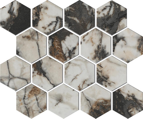 3 Foyer Hexagon Mosaic Marble-Look Matte Smooth Porcelain Tile Black Gold