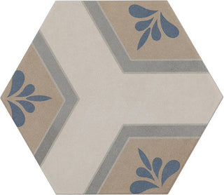 Beige Blue - 8x9 Scrapbook Hexagon Encaustic Natural Concrete-Look Matte Smooth Porcelain Tile