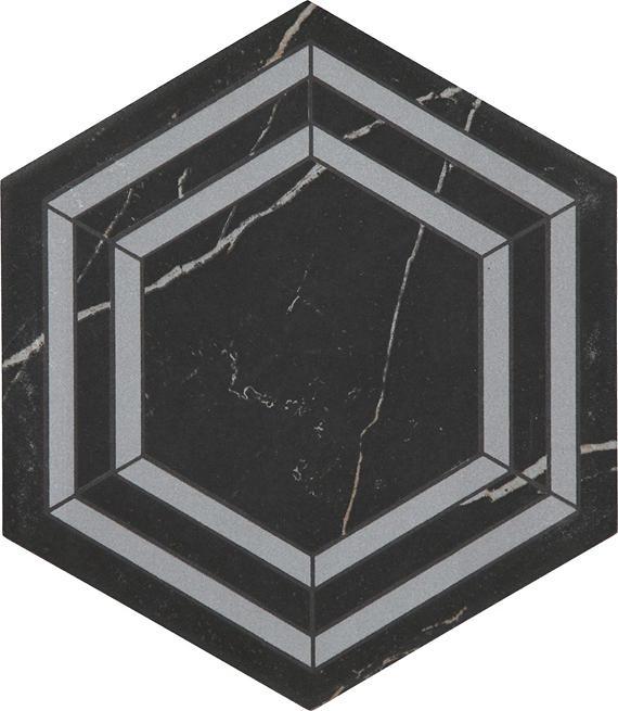 8x9 Perpetuo Hexagon Natural Marble-Look Matte Smooth Porcelain Tile Black Marble