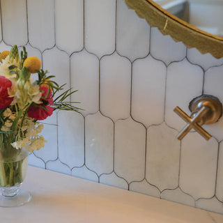 Cream White - 11x13 Marble Arabesque Framed Border Mosaic Marble-Look Polished Smooth Marble Tile