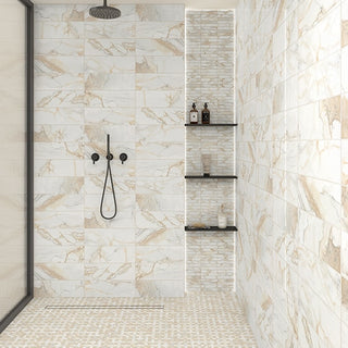 Golden Cream - 12x10 Divinium Straight Joint Mosaic Marble-Look Matte Smooth Porcelain Tile