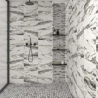 Storm Gray - 13x13 Divinium Basketweave Mosaic Marble-Look Matte Smooth Porcelain Tile