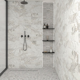 Silver White - 12x10 Divinium Straight Joint Mosaic Marble-Look Matte Smooth Porcelain Tile