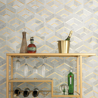 Marble Gold - 12x14 Lavaliere Diamond Hexagon Chevron Lattice Mosaic Mixed-Color Honed Natural Marble Tile