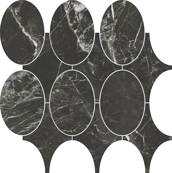 14x14 Savoir Circle Medium Veining Mosaic Marble-Look Polished Smooth Porcelain Tile Marble Black
