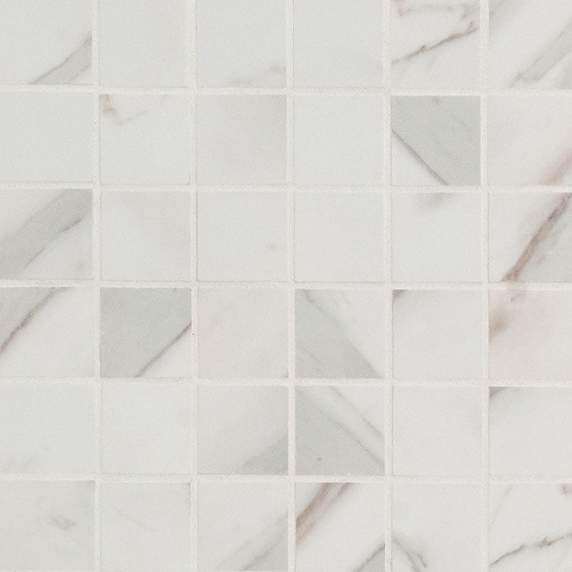 2x2 Pietra Calacatta Mosaic Marble-Look Matte Smooth Porcelain Tile Soft White
