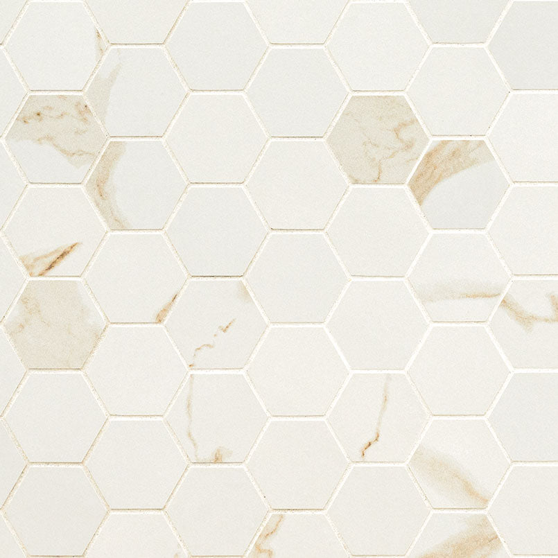 2x2 Eden Hexagon Medium Veining Mosaic Marble-Look Matte Smooth Porcelain Tile Cream Beige