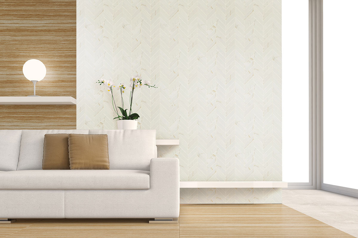 12x15 Eden Chevron Medium Veining Mosaic Marble-Look Matte Smooth Porcelain Tile Cream Beige