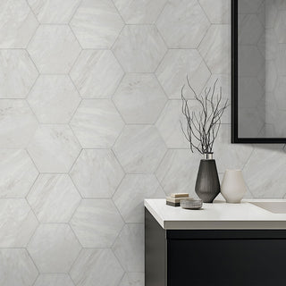 White Gray - 11x13 Geoglam Hexagon Marble-Look Matte Smooth Porcelain Tile