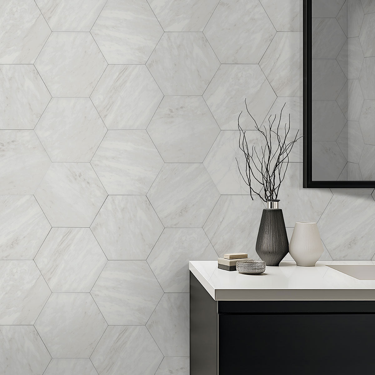 11x13 Geoglam Hexagon Marble-Look Matte Smooth Porcelain Tile White Gray