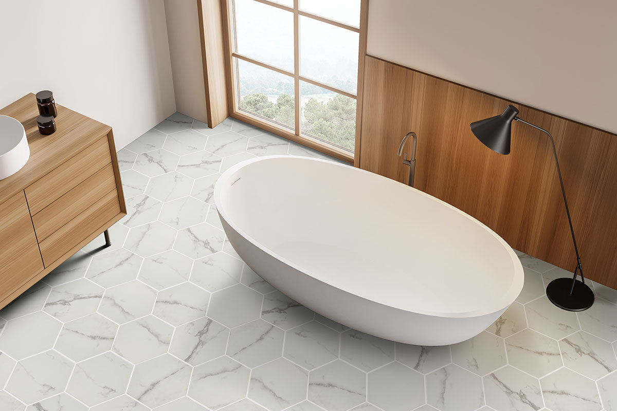 9x10 Hexley Hexagon Marble-Look Matte Smooth Ceramic Tile