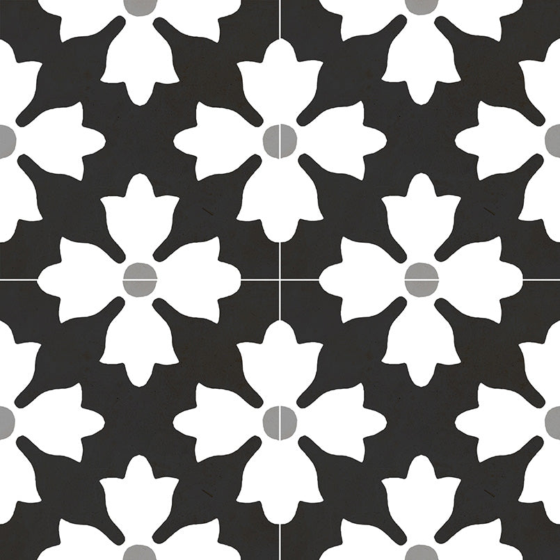 8x8 Kenzzi Circular Moroccan Medallion Patterned Encaustic-Look Matte Smooth Porcelain Tile Black White