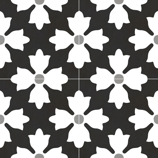 Black White - 8x8 Kenzzi Circular Moroccan Medallion Patterned Encaustic-Look Matte Smooth Porcelain Tile