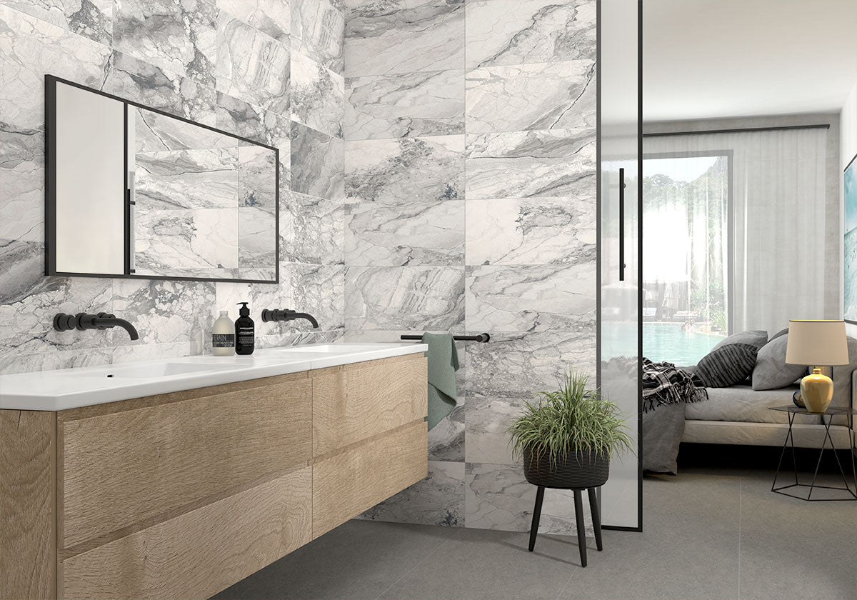 12x24 Kaya Intense Veining Marble-Look Polished Smooth Porcelain Tile Gray
