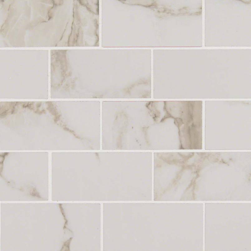 2x4 Pietra Calacatta Mosaic Marble-Look Polished Smooth Porcelain Tile Cream White