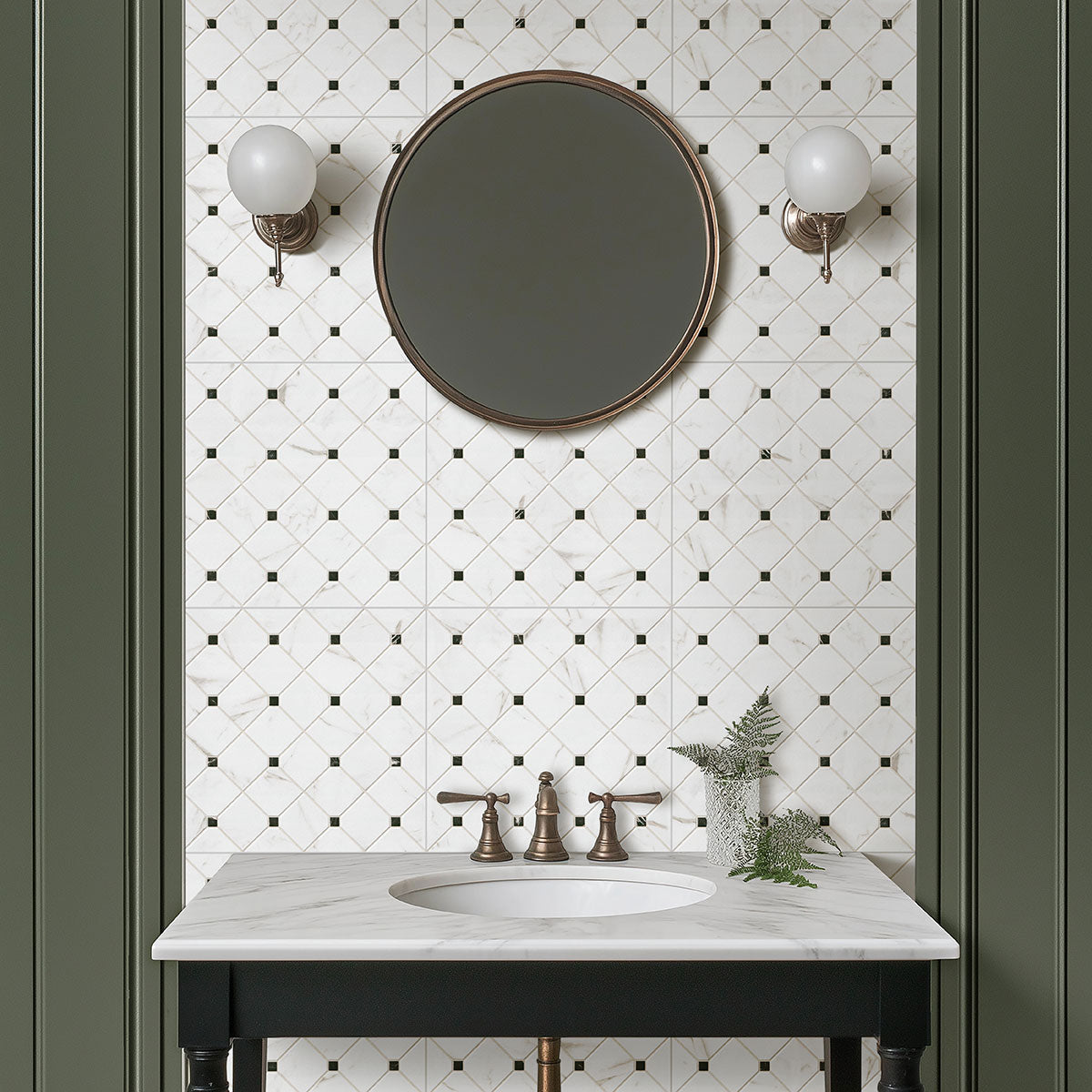 17x17 Casa Diamond Square Mosaic Marble-Look Matte Smooth Porcelain Tile White Marble