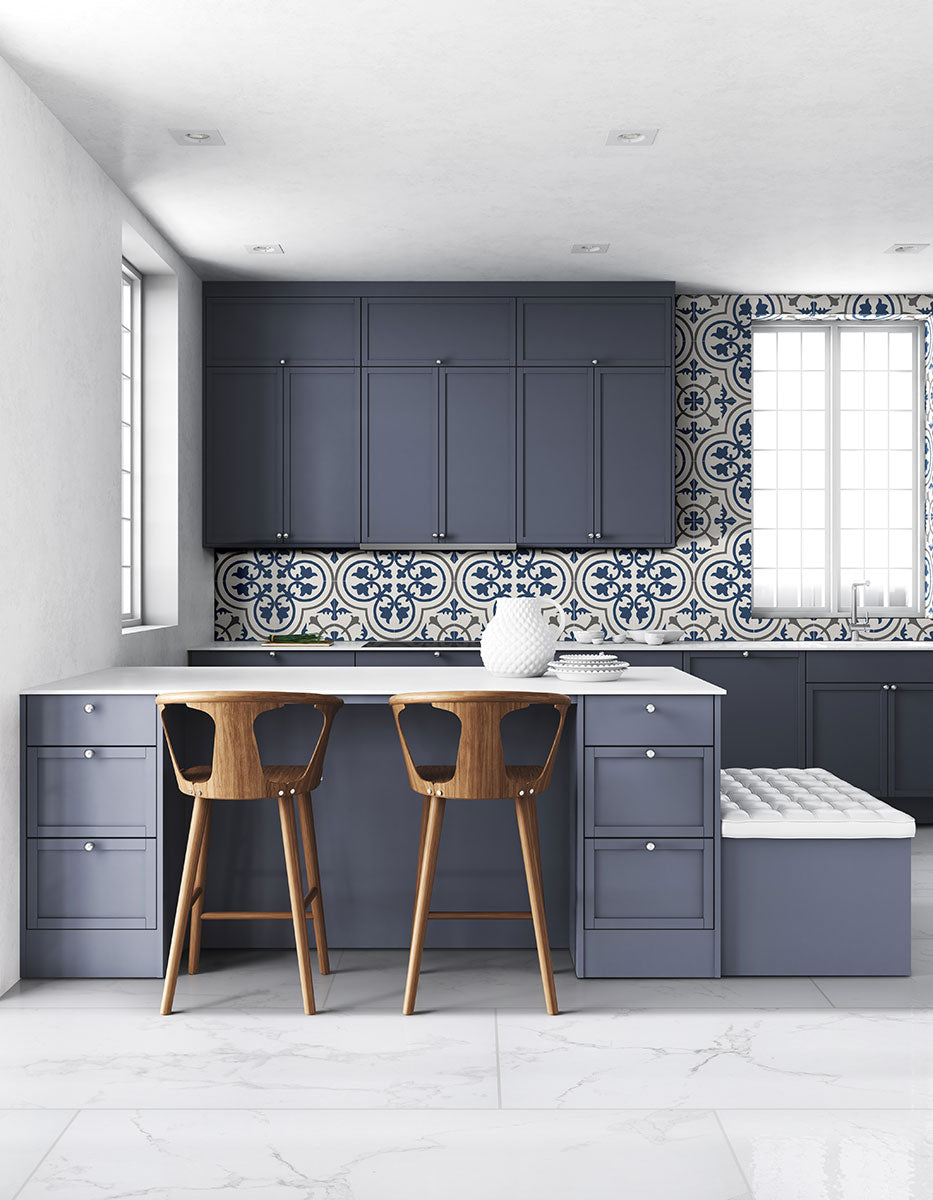 8x8 Kenzzi Circular Moroccan Scroll Vine Patterned Encaustic-Look Matte Textured Porcelain Tile Navy Gray