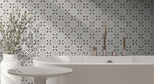Beige White - 8x8 Zaria Diamond Lattice Patterned Natural-Look Matte Smooth Porcelain Tile