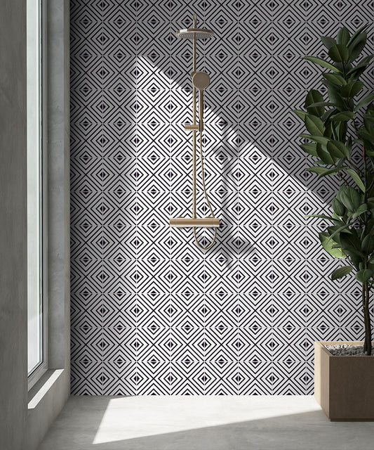 Black White - 8x8 Zaria Framed Diamond Patterned Natural-Look Matte Smooth Porcelain Tile