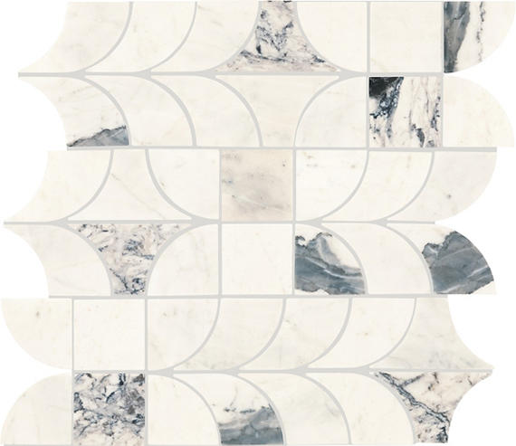 14x16 Gamma Multi-Polygon Scallop Wave Mosaic Marble-Look Polished Smooth Stone Tile Gray Marble