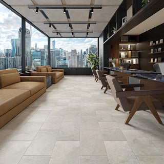 Horizon Taupe - 12x24 Haddonstone Light Veining Stepwise Stone-Look Matte Smooth Porcelain Tile