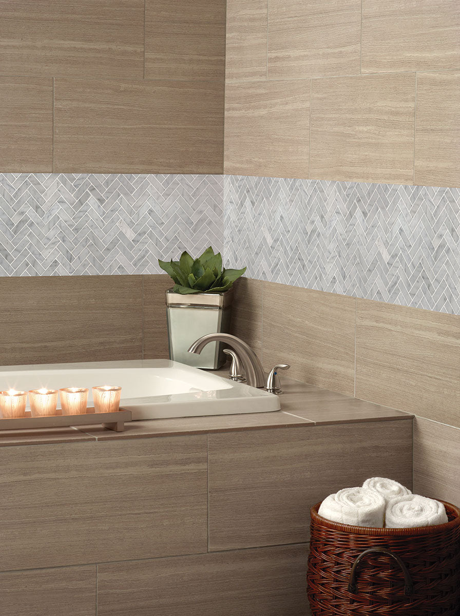 12x12 Carrara Herringbone Mosaic Natural-Look Polished Smooth Marble Tile Soft Gray