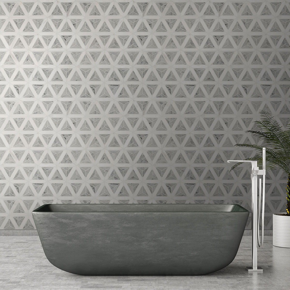 12x12 Carrara Triangle 3D-Geometric Faceted Mosaic Natural-Look Polished Smooth Marble Tile Medium Gray