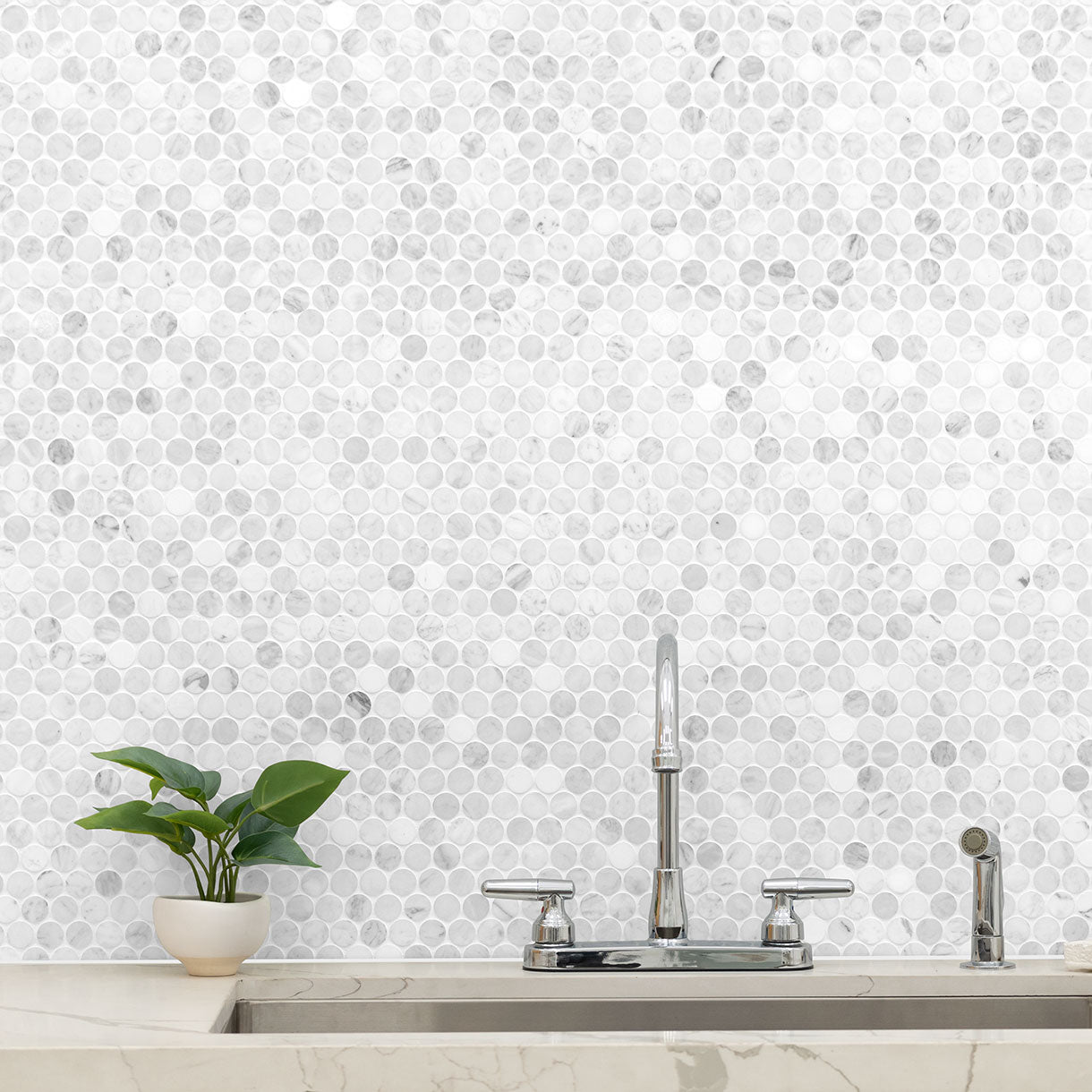 12x12 Carrara Circle Penny Round Mosaic Natural-Look Honed Smooth Marble Tile White Gray