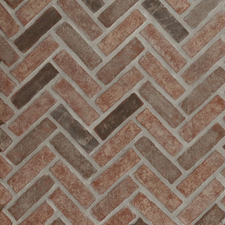 Brown Gray - 12x12 Noble Red Herringbone Mosaic Concrete-Look Tumbled Textured Faux Brick Tile