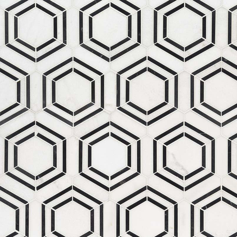 12x12 Georama Hexagon Framed Border Mosaic Natural-Look Polished Smooth Marble Tile White Black