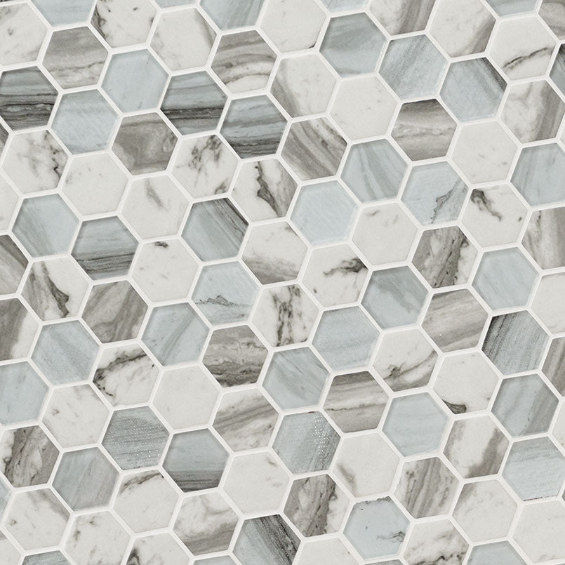 2'' Esperanza Hexagon Mosaic Marble-Look Matte Smooth Glass Tile Blue Gray