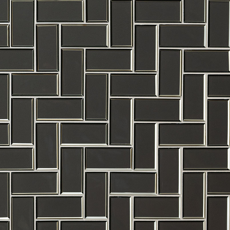 2x4 Metallic Herringbone Mosaic Metallic-Look Glossy Beveled Glass Tile Dark Gray
