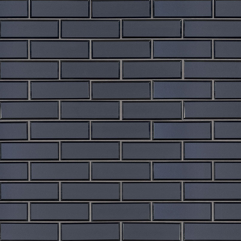 2x6 Vague Solid-Color Glossy Beveled Glass Tile Dark Blue